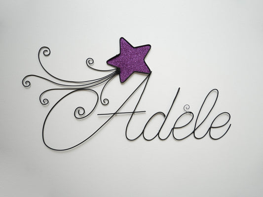 Wire first name, customizable first name with shooting star, wall decoration for child's room, door plaque, birth gift