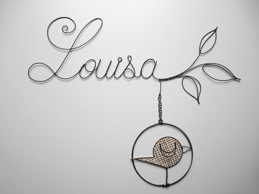 Wire first name, customizable first name, baby first name, paper bird and flower, wall decoration, birth gift, door plaque