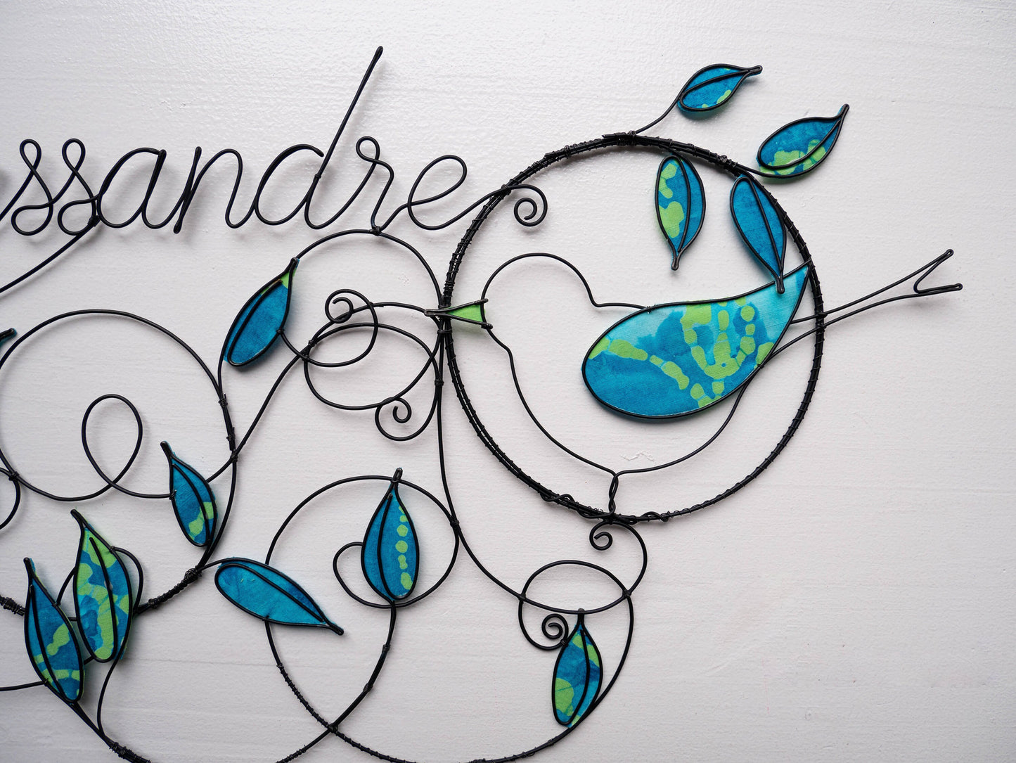 Interior decoration with first name in annealed wire, wall decoration, nature spirit, door plaque, gift idea, bird, leaves