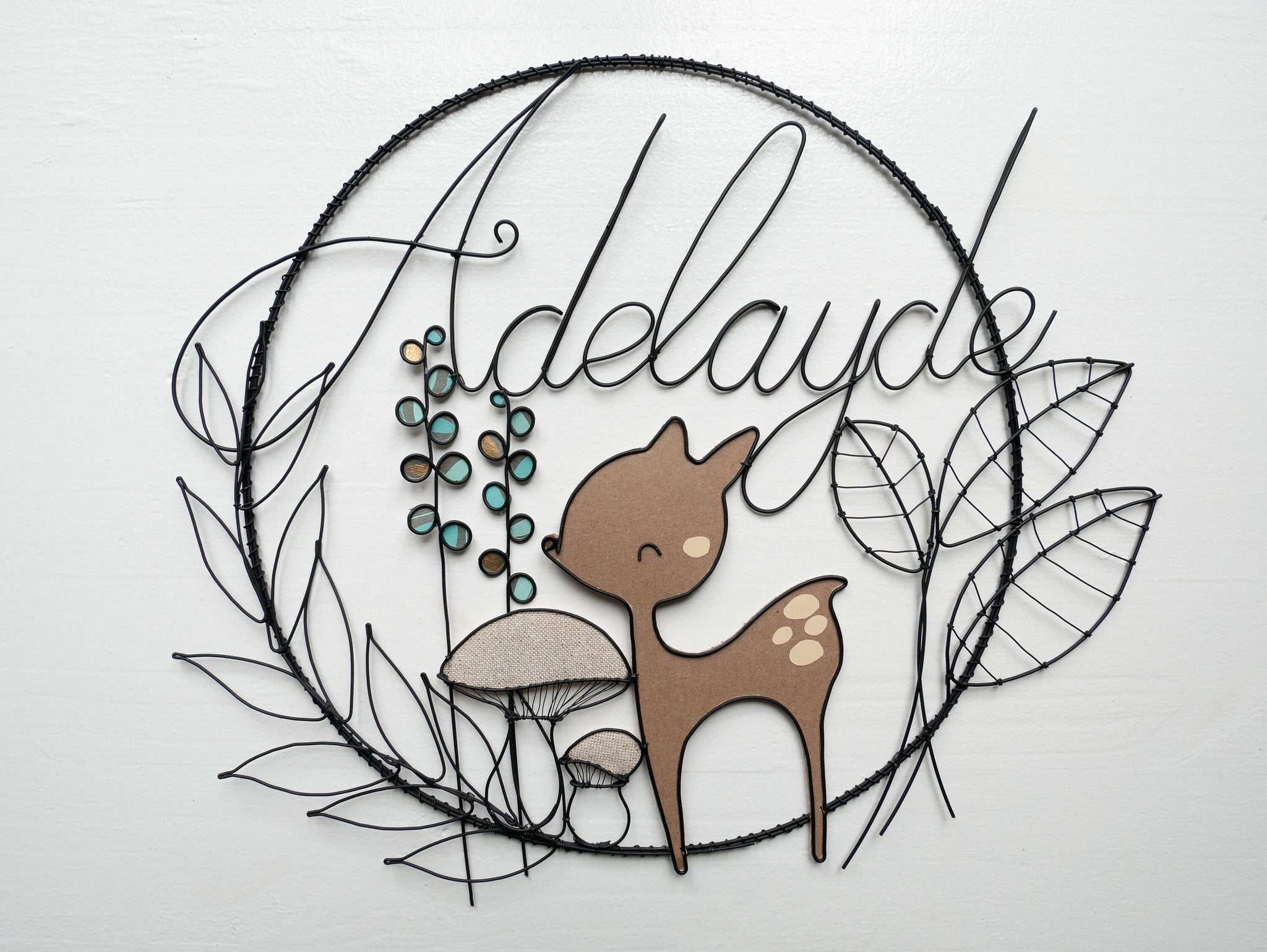 Prénom fil de fer, prénom personnalisable, prénom fil de fer recuit, déco forêt, faon, champignon, automne, cadeau naissance, plaque porte