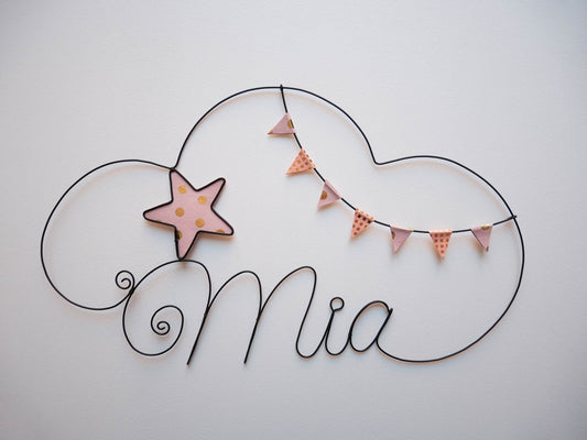 Cloud customizable first name wire, wall decoration for child's room, first name door plaque, birth gift,