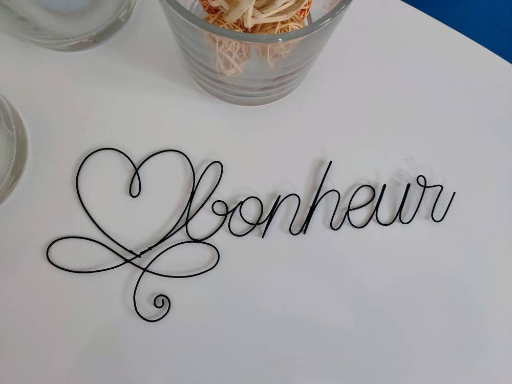 Word happiness in wire, customizable first name in wire, metal wall phrase, wall decoration, door plaque, gift idea