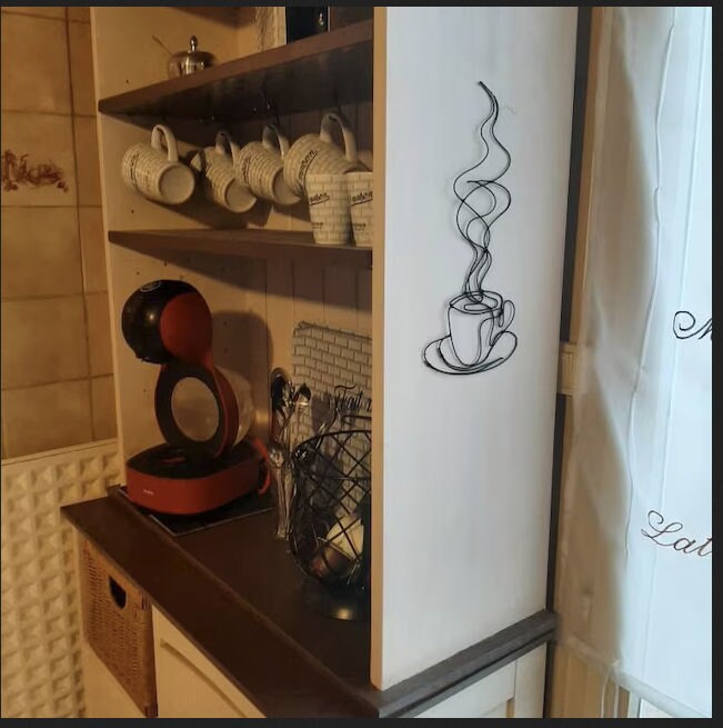 Wall decoration cup of coffee or tea, real annealed iron wire decoration, Restaurant, kitchen wall decoration, metal sculpture