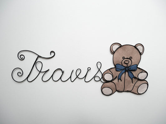 Customizable wire first name, first name with bear, child's bedroom wall decoration, birth gift, first name to hang, teddy bear