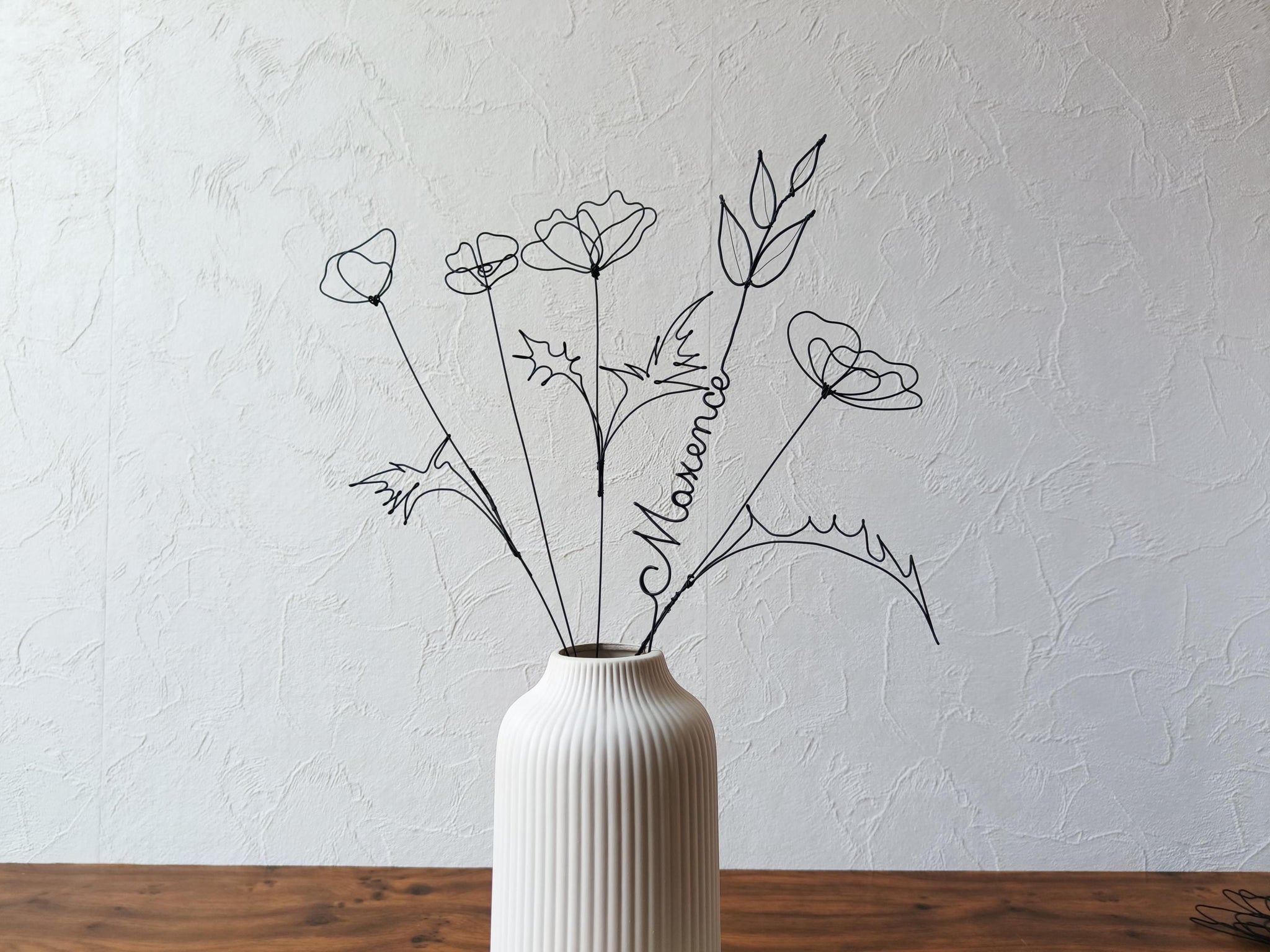 Fleurs en véritable fil de fer, bouquet de 5 fleurs personnalisées, déco de table fil de fer, prénoms personnalisés, coquelicot, cadeau