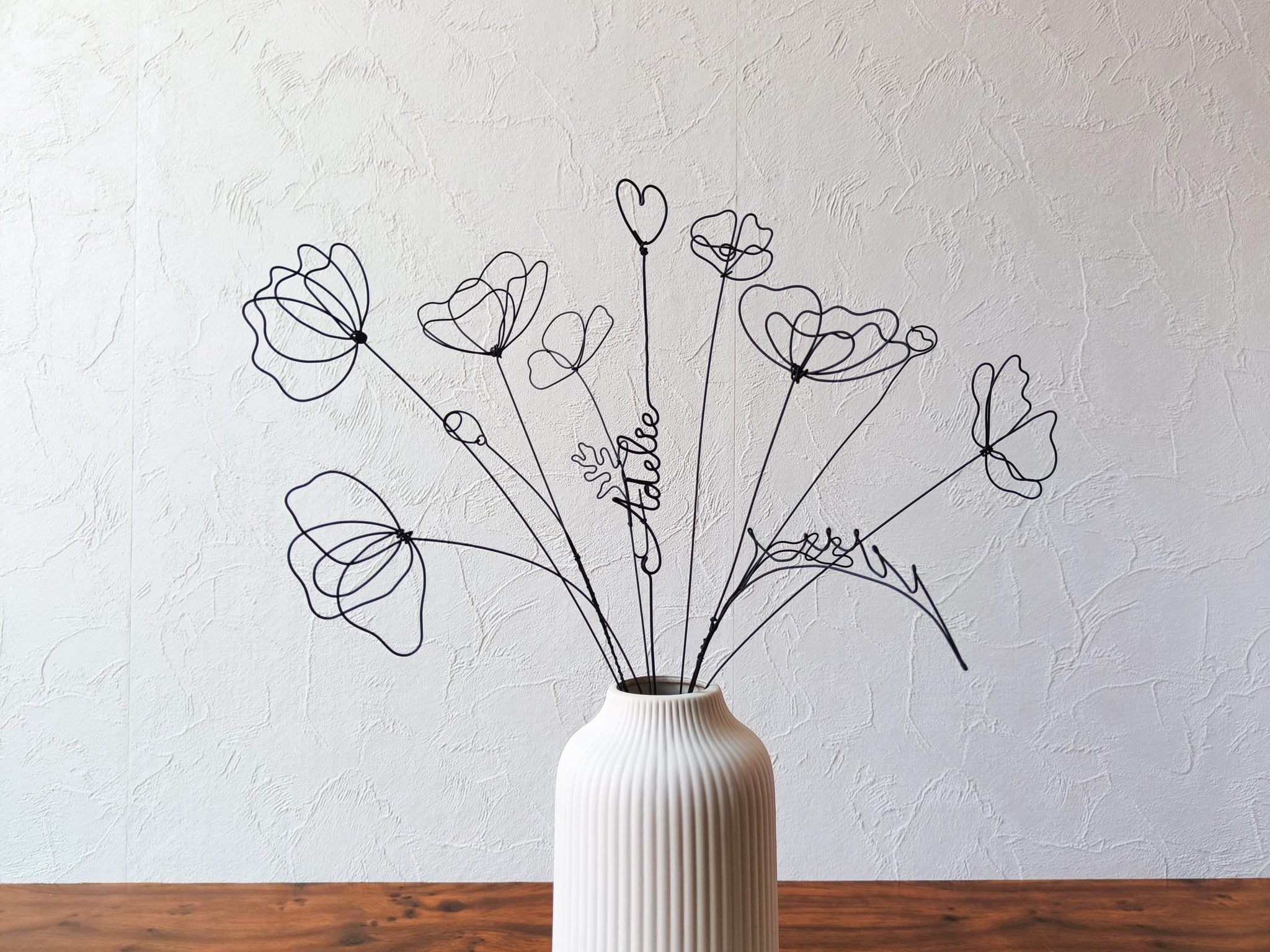 Fleurs en véritable fil de fer, bouquet de 9 fleurs personnalisées, déco de table fil de fer, prénoms personnalisés, coquelicot, cadeau