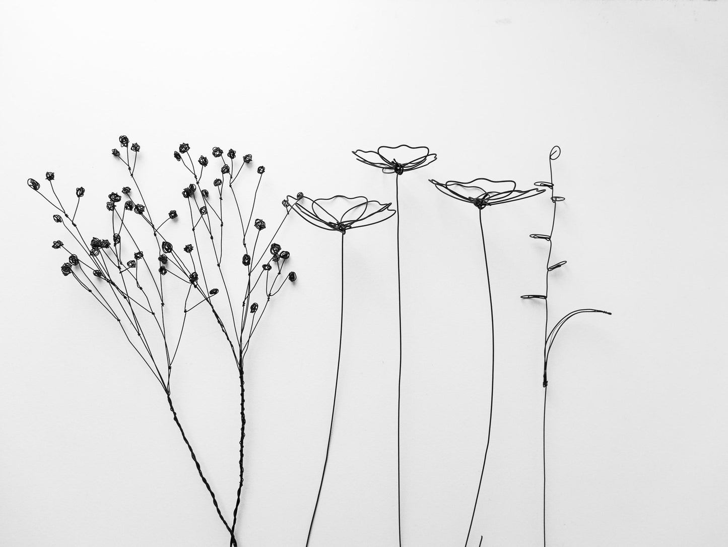 Bouquet de 6 fleurs 3D éternelles en fil de fer recuit : Coquelicot, Mimosas et Brindille, Déco florale moderne d'intérieur, cadeau