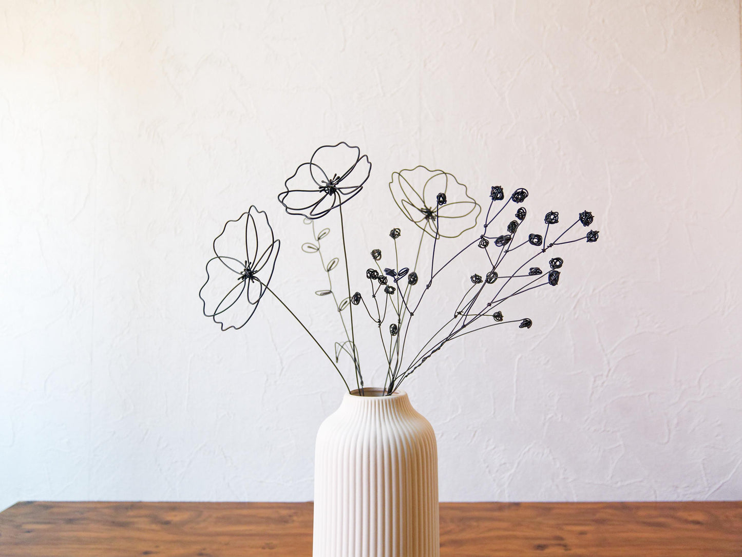 Bouquet de 6 fleurs 3D éternelles en fil de fer recuit : Coquelicot, Mimosas et Brindille, Déco florale moderne d'intérieur, cadeau