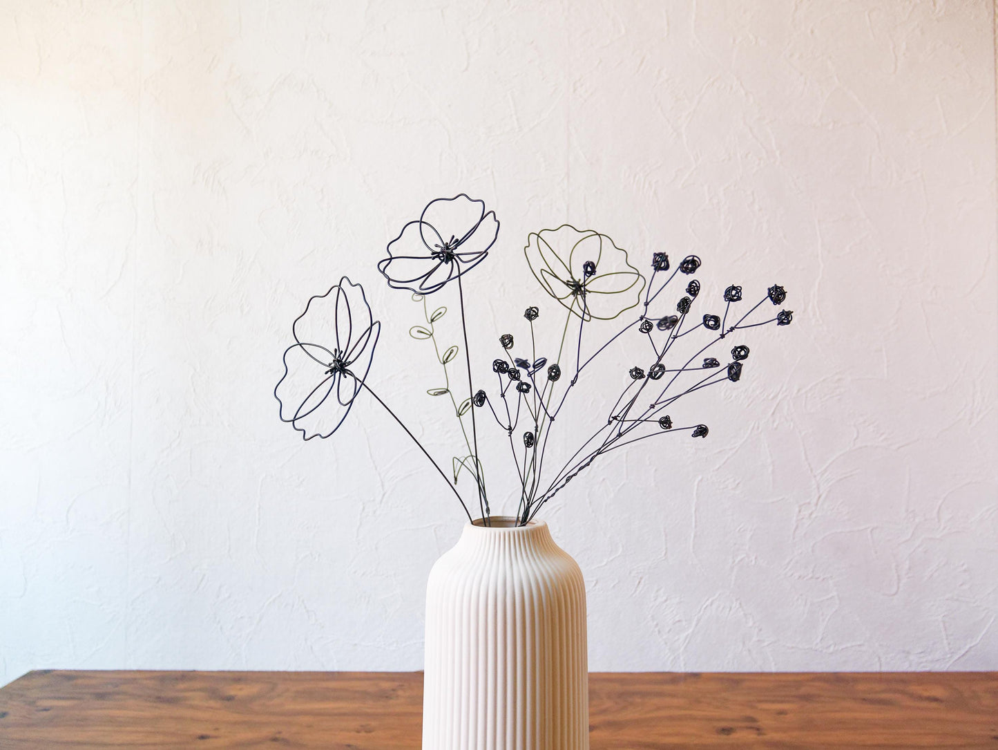 Bouquet de 6 fleurs 3D éternelles en fil de fer recuit : Coquelicot, Mimosas et Brindille, Déco florale moderne d'intérieur, cadeau