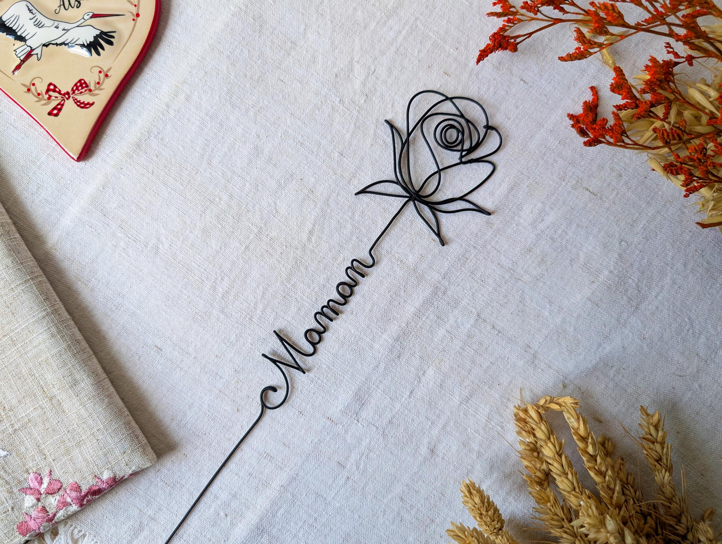 Rose personnalisée en véritable fil de fer incassable, prénom personnalisé, cadeau Fêtes des Mères Maman Mamie Maîtresse Maître Nounou Atsem
