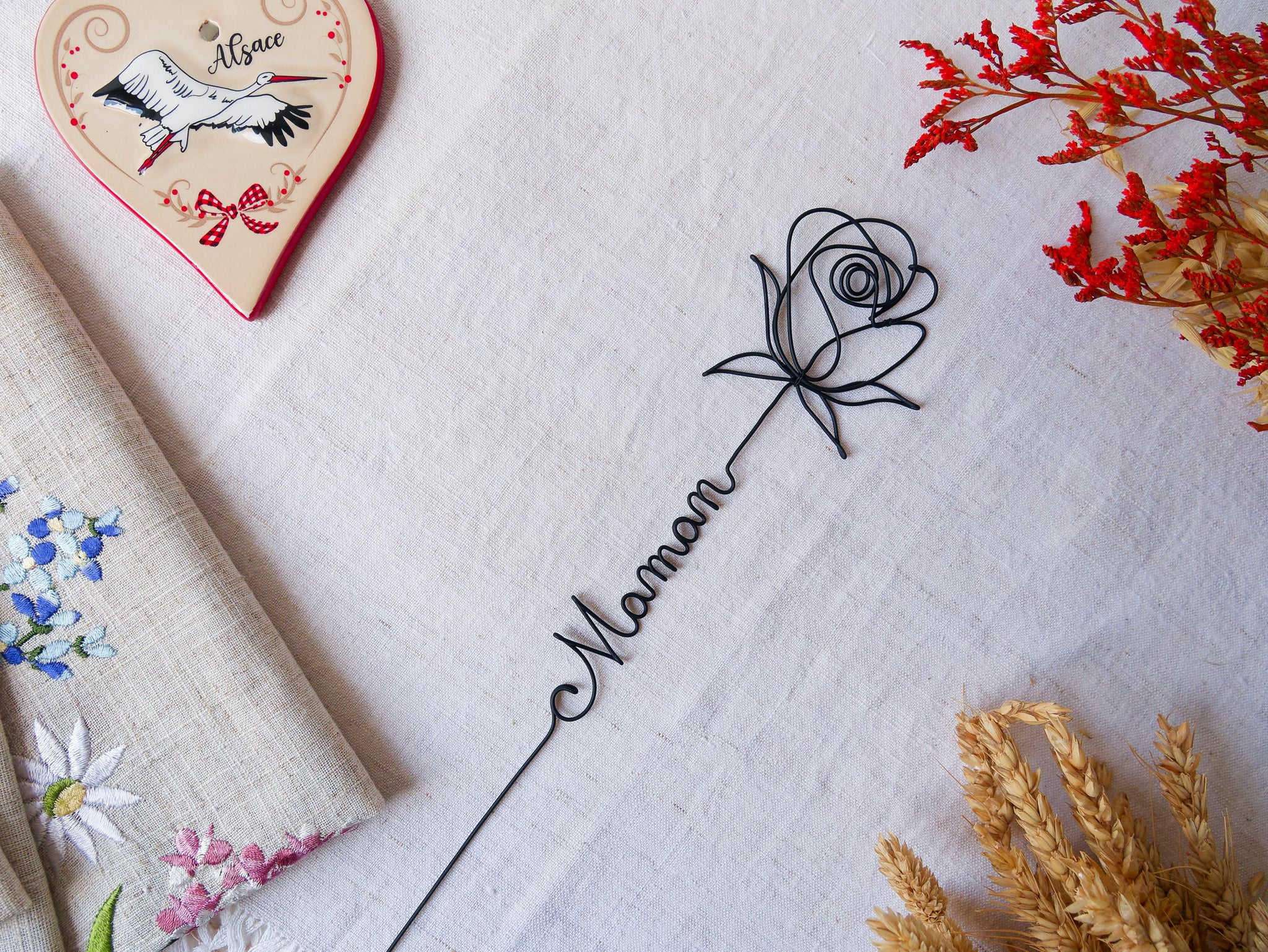 Rose personnalisée en véritable fil de fer incassable, prénom personnalisé, cadeau Fêtes des Mères Maman Mamie Maîtresse Maître Nounou Atsem