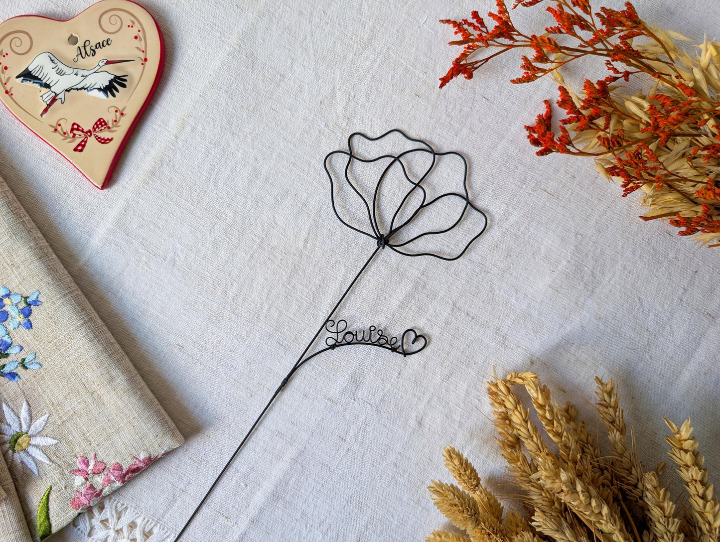 Coquelicot personnalisée en véritable fil de fer incassable, prénom personnalisé, cadeau Fêtes des Mères Maman Mamie Maîtresse Nounou Atsem