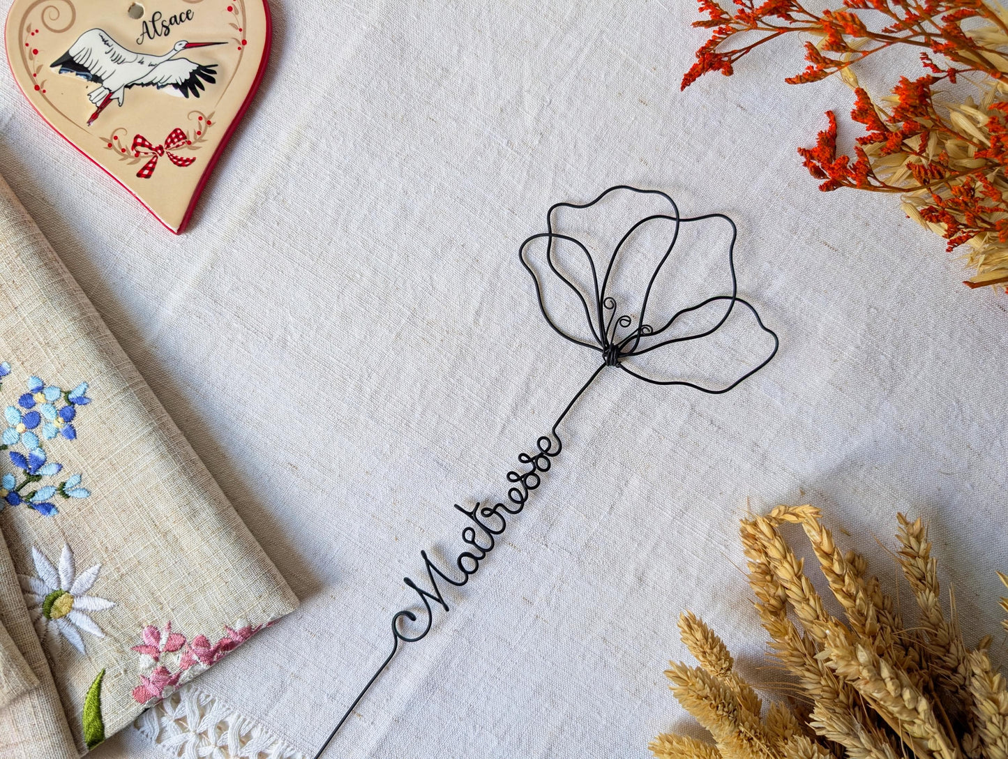Coquelicot personnalisée en véritable fil de fer incassable, prénom personnalisé, cadeau Fêtes des Mères Maman Mamie Maîtresse Nounou Atsem