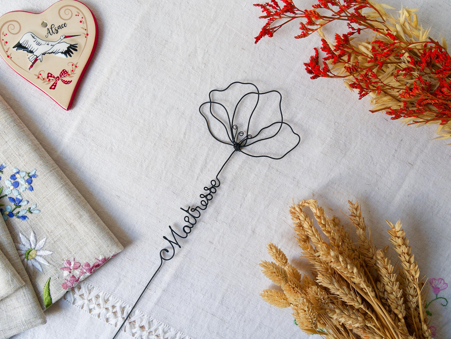 Coquelicot personnalisée en véritable fil de fer incassable, prénom personnalisé, cadeau Fêtes des Mères Maman Mamie Maîtresse Nounou Atsem