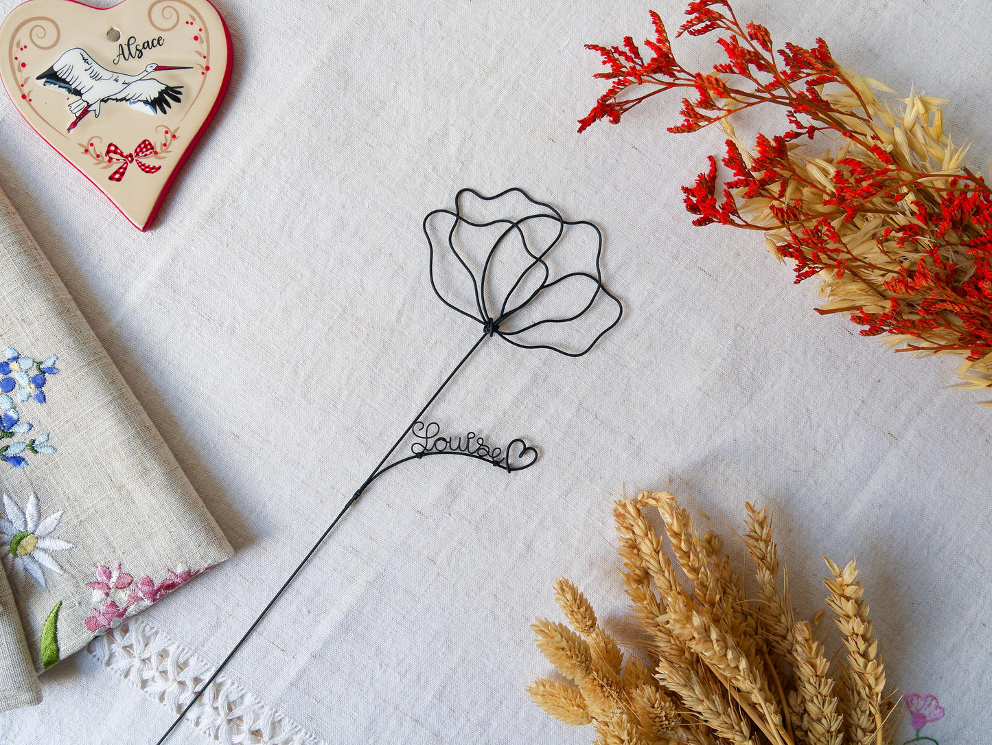 Coquelicot personnalisée en véritable fil de fer incassable, prénom personnalisé, cadeau Fêtes des Mères Maman Mamie Maîtresse Nounou Atsem
